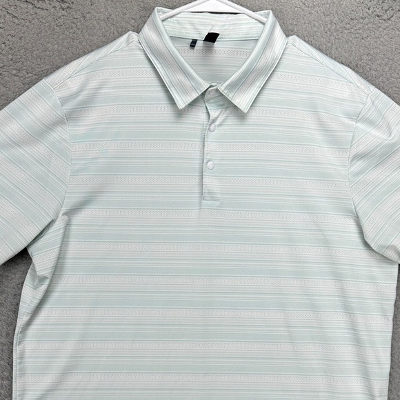 Adidas Prime Green Mens Golf Polo Shirt Large White Green Striped Snap Button